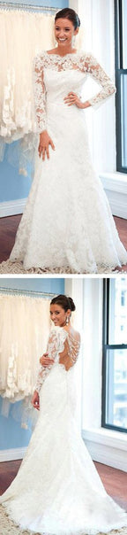 Baoleely White Long Sleeve Lace Round Neck Backless Mermaid Wedding Dresses, MW242