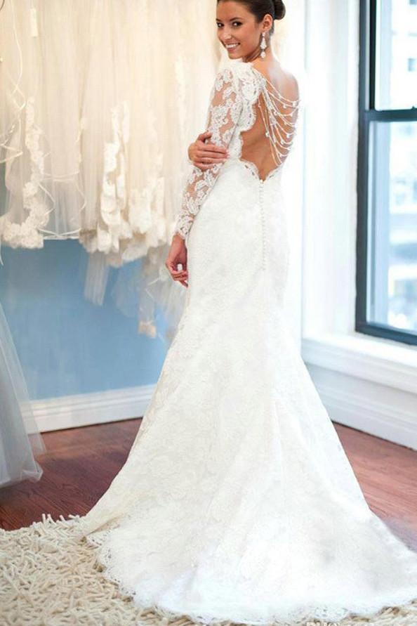 Baoleely White Long Sleeve Lace Round Neck Backless Mermaid Wedding Dresses, MW242