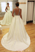Baoleely White Beaded Deep V Neckline A-line Backless Long Wedding Dresses, MW214
