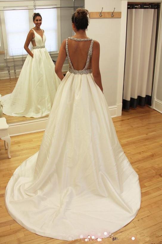 Baoleely White Beaded Deep V Neckline A-line Backless Long Wedding Dresses, MW214