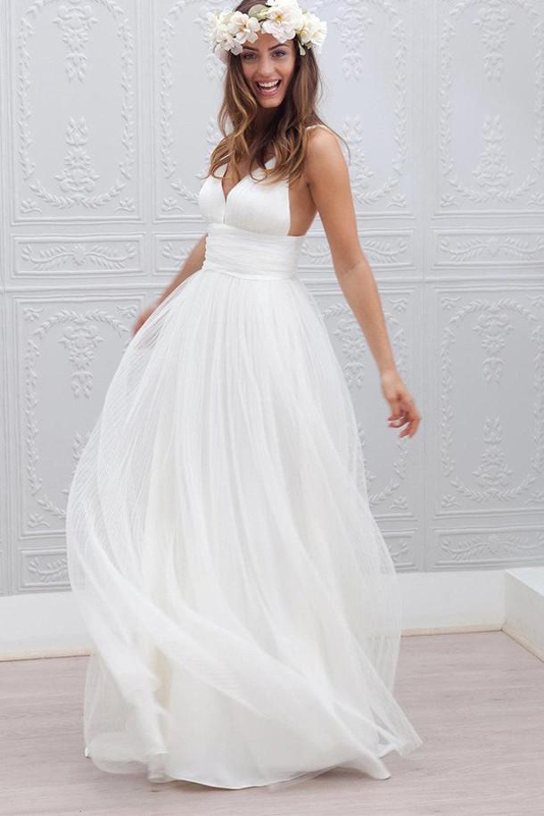 Baoleely White Tulle V neck Spaghetti Straps Backless Simple Beach Wedding Dresses, MW188