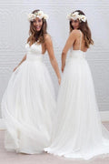 Baoleely White Tulle V neck Spaghetti Straps Backless Simple Beach Wedding Dresses, MW188