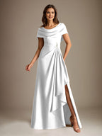 Robe de mariée trapèze en satin stretch, longue jusqu'au sol, avec décolleté rond et volants cascade, idéale pour la mère de la mariée. 