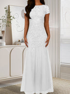 Robe sirène bleu marine foncé à sequins et tulle, décolleté rond, robe en tulle bleu marine foncé