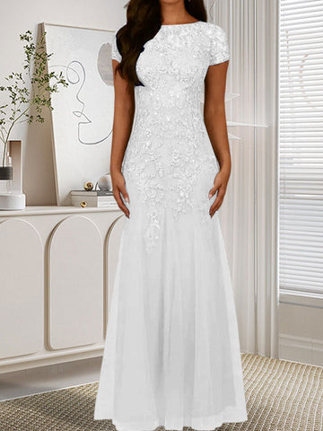 Dark Navy Mermaid Scoop Sequins Tulle Dress