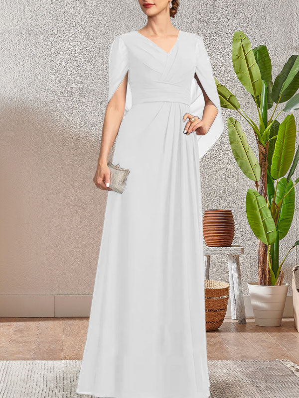 Vestido largo azul marino oscuro de corte A con escote en V para la madre de la novia