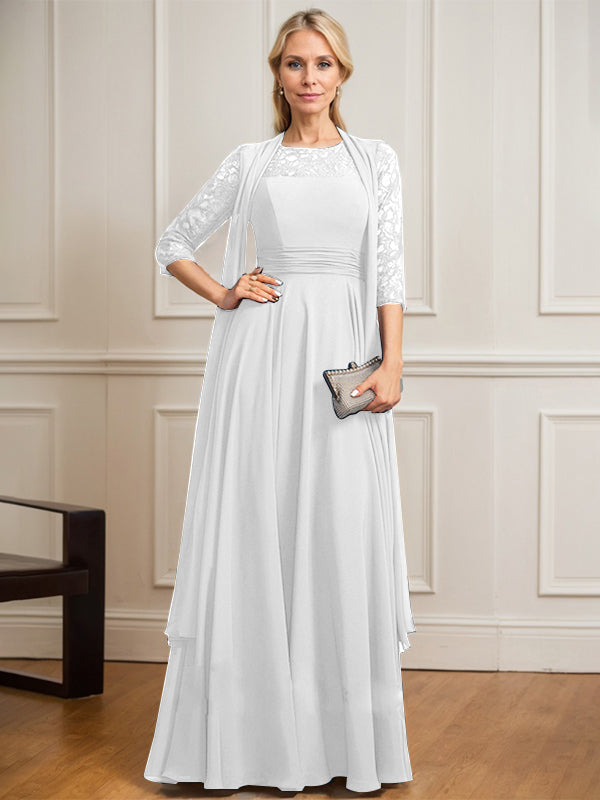 Vestido de novia de corte A, escote redondo ilusión, largo hasta el suelo, de gasa de encaje con pliegues. 
