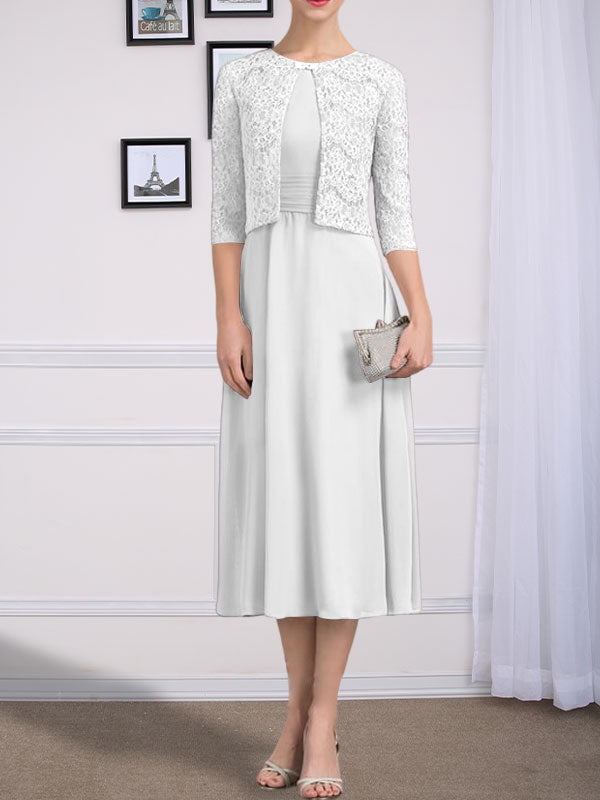 Vestido de chifón de corte línea A, largo té, para la madre de la novia, con escote redondo y pliegues.