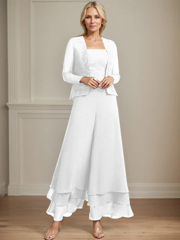 Separates Jumpsuit/Pantsuit Square Ankle-Length Lace Chiffon Mother of the Bride Dress With Sequins