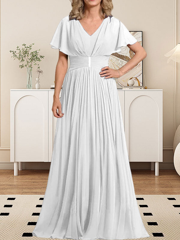 Vestido de gasa de corte A, escote en V, largo hasta el suelo, para la madre de la novia, con broche de cristal y pliegues. 
