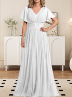 Vestido de gasa de corte A, escote en V, largo hasta el suelo, para la madre de la novia, con broche de cristal y pliegues. 