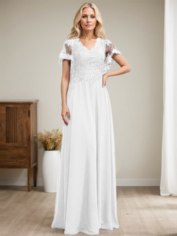 Vestido de novia de corte A, escote en V, largo hasta el suelo, de gasa de encaje con lentejuelas para la madre de la novia 