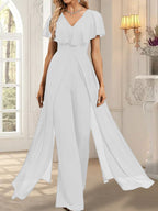 Combinaison-pantalon robe de soirée longue en mousseline à col en V