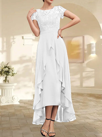 A-line Scoop Illusion Asymmetrical Chiffon Lace Mother of the Bride Dress With Bow Ruffle Sequins