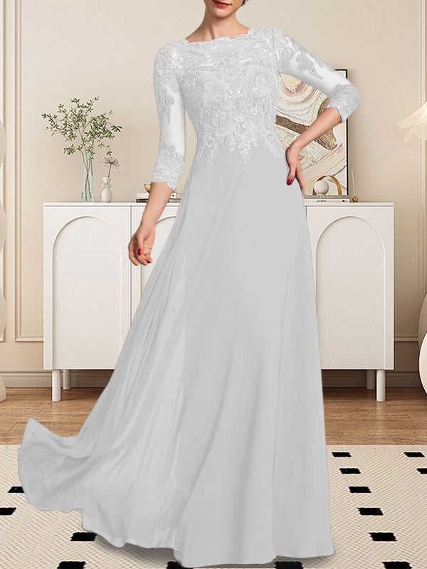 Vestido de novia de corte línea A, escote redondo, largo hasta el suelo, de encaje y gasa con lentejuelas.