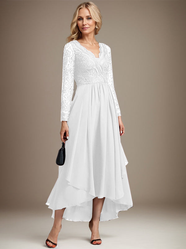 Vestido de novia de gasa con encaje asimétrico, escote en V y corte en A para la madre de la novia 