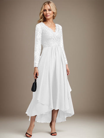 A-line V-Neck Asymmetrical Lace Chiffon Mother of the Bride Dress