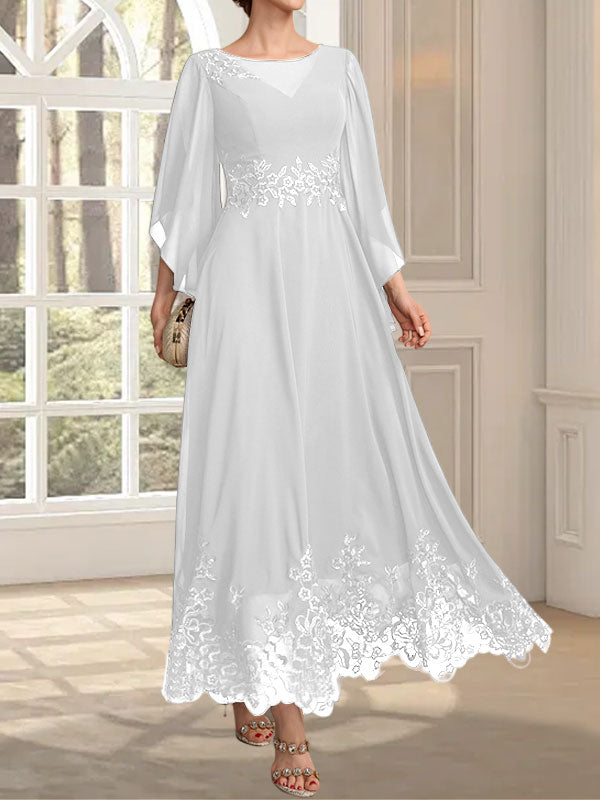 Robe de mère de la mariée en mousseline de dentelle, coupe trapèze, décolleté illusion, longueur cheville, ornée de sequins 