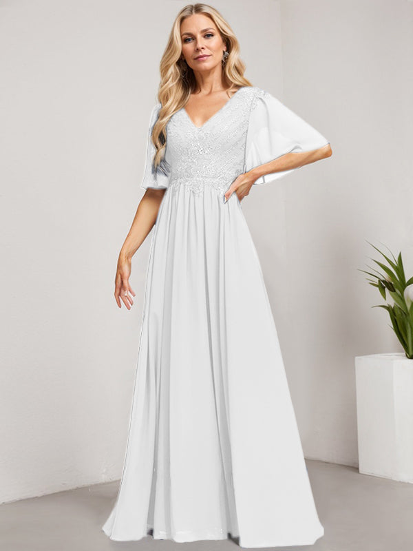 Vestido de novia de corte A, escote en V, largo hasta el suelo, de gasa de encaje con lentejuelas para la madre de la novia 