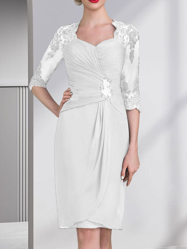Vestido de corte recto/columna, escote corazón, largo hasta la rodilla, de gasa, con apliques de cuentas, encaje, lentejuelas y pliegues para la madre de la novia.