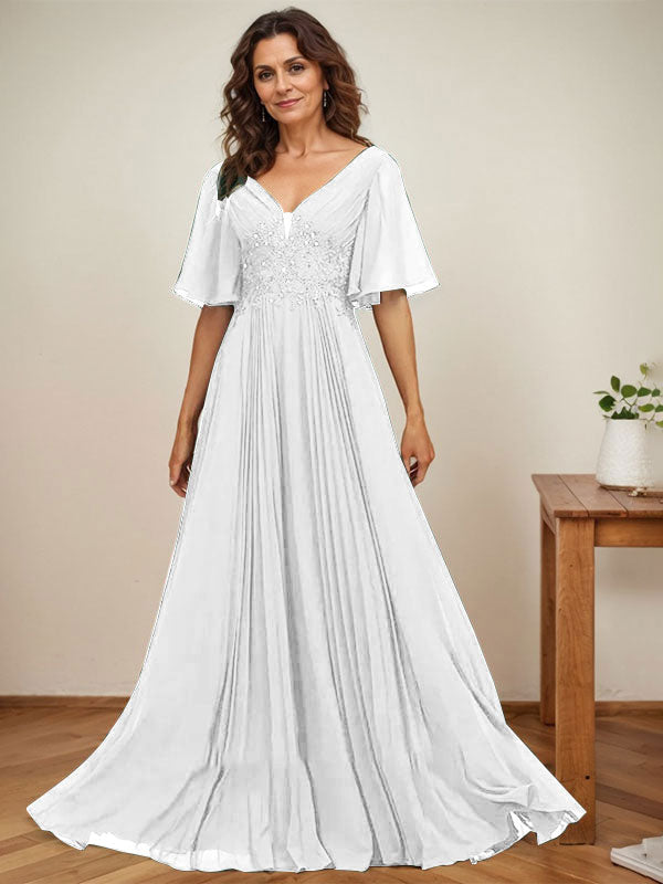 Vestido de corte A, escote en V, largo hasta el suelo, de gasa, para la madre de la novia, con apliques de lentejuelas y encaje plisado. 