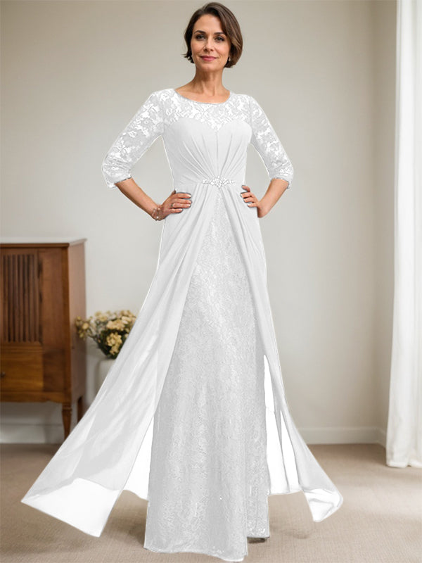 Vestido de novia de corte línea A, escote redondo ilusión, largo hasta el suelo, de gasa de encaje con volantes y pedrería. 