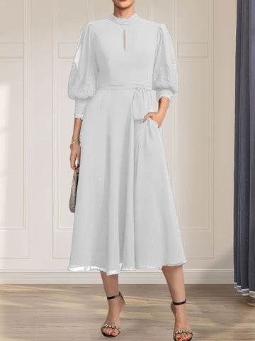 A-line High Neck Tea-Length Lace Chiffon Mother of the Bride Dress With Bow