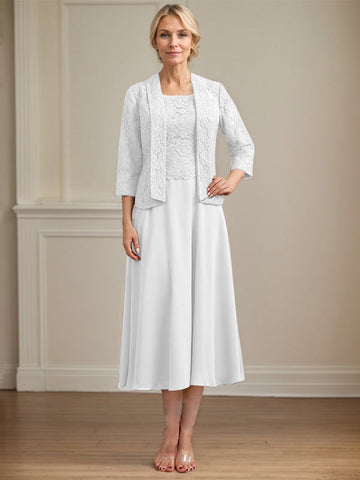 A-line Scoop Tea-Length Lace Chiffon Mother of the Bride Dress
