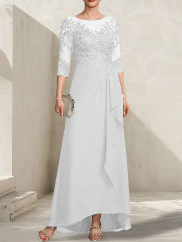 A-line Scoop Illusion Asymmetrical Lace Chiffon Mother of the Bride Dress With Sequins Cascading Ruffles