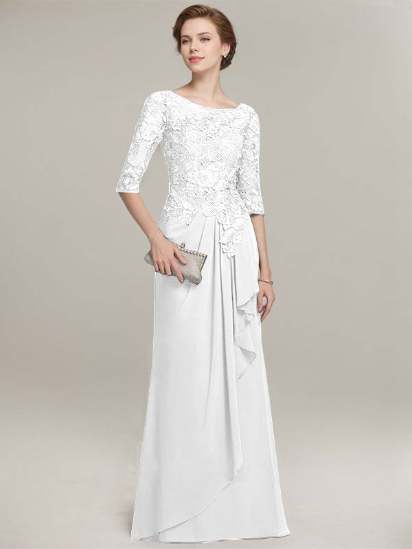 Robe de mère de la mariée en mousseline de dentelle, coupe trapèze, décolleté illusion, longueur au sol, avec volants cascade 