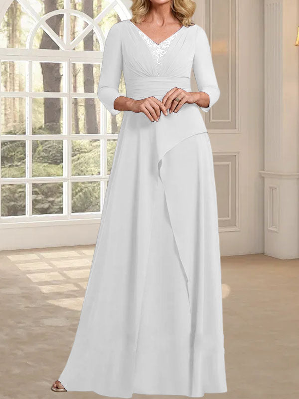 Vestido de gasa de corte A, escote en V, largo hasta el suelo, para la madre de la novia, con plisados ​​y cuentas.