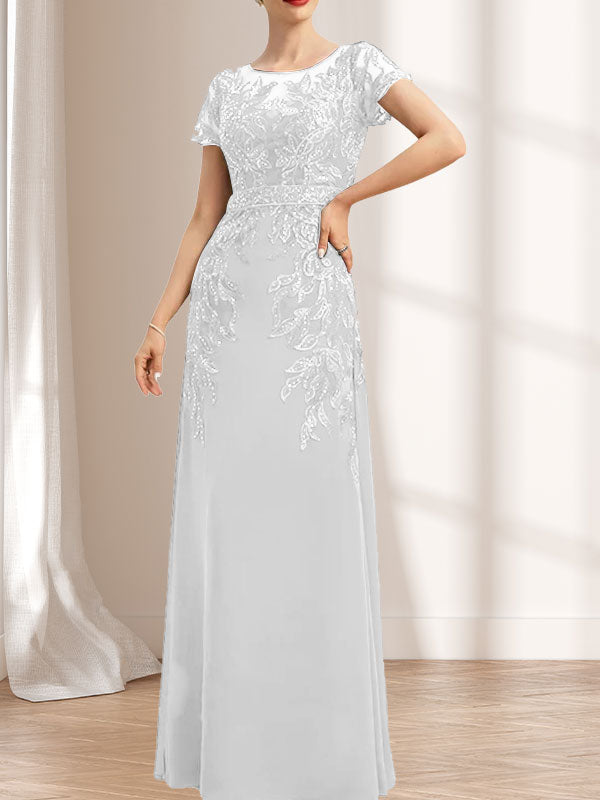 Vestido de novia de corte recto/columna, escote redondo, ilusión, largo hasta el suelo, de encaje y gasa con lentejuelas.