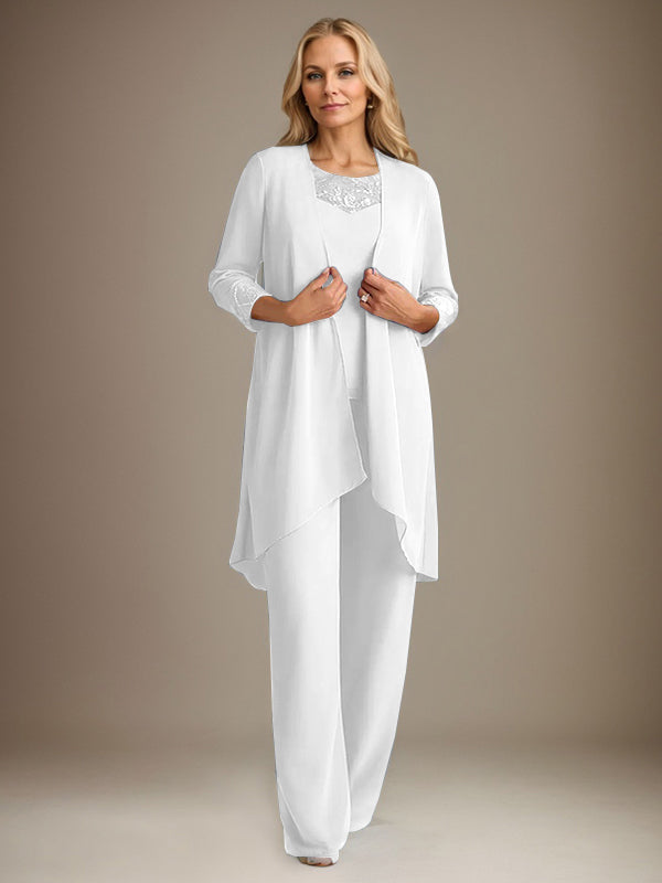 Tailleur-pantalon en mousseline à manches longues et col rond pour la mère de la mariée, avec veste 