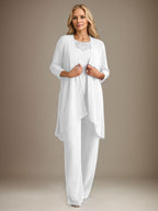 Tailleur-pantalon en mousseline à manches longues et col rond pour la mère de la mariée, avec veste 