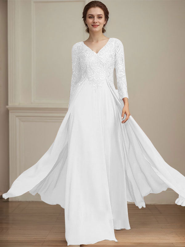 Vestido de novia de corte A, escote en V, largo hasta el suelo, de gasa de encaje con lentejuelas para la madre de la novia 