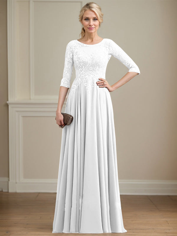 Robe de mère de la mariée en mousseline de dentelle, coupe trapèze, décolleté illusion, longueur au sol, ornée de sequins 