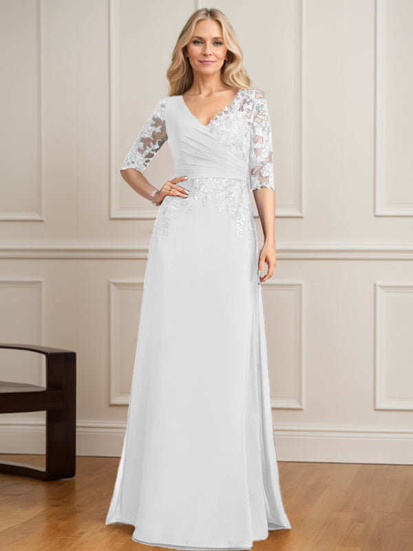 Robe de mère de la mariée en mousseline de dentelle, coupe trapèze, col en V, longueur au sol, ornée de sequins plissés 