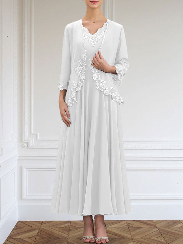 Vestido de corte A, escote en V, largo hasta el tobillo, de gasa, para la madre de la novia, con apliques de lentejuelas, encaje y pedrería.