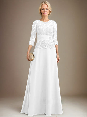 A-line Scoop Illusion Floor-Length Chiffon Lace Mother of the Bride Dress With Pleated Sequins Beading