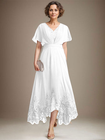 A-line V-Neck Asymmetrical Lace Chiffon Mother of the Bride Dress With Pleated