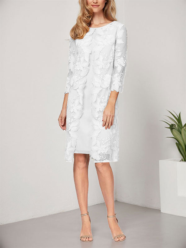 Vestido de corte A, escote redondo, largo hasta la rodilla, de gasa y encaje, para la madre de la novia, con chaqueta. 