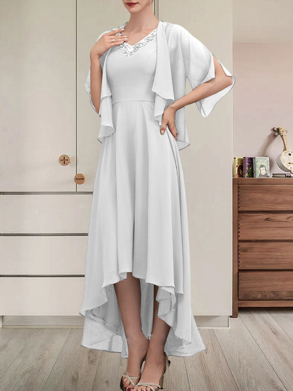 Vestido de corte A, escote en V, asimétrico, de gasa, para la madre de la novia, con lentejuelas y pedrería.