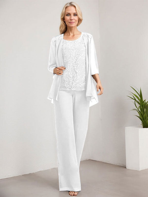 Vestido de novia de gasa con encaje y lentejuelas, estilo mono/pantalón, largo hasta el suelo, con escote redondo.