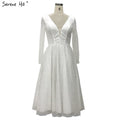 On Sale no return no refundSale White Brown Deep-V Long Sleeves Sexy Cocktail Dresses Glitter A-Line Tea-Length Cocktail Dress 2025 LA70267