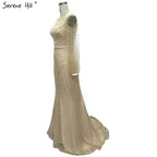 White Long Sleeve Pearls Mermaid Evening Dresses Design 2025 Dubai O-Neck Sexy Tulle Formal Dress LA60995