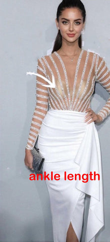 Vestido de noche blanco de manga larga con corte sirena y abertura, diseño 2025, con cuentas, de lujo, elegante para mujer, fiesta LA71531 