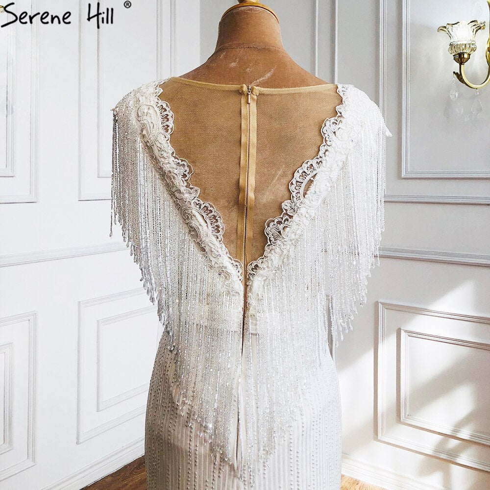 White Luxury Beaded Tassel Elegant Evening Dresses 2025 Cap Sleeve Mermaid For Women Wedding Party LA70571