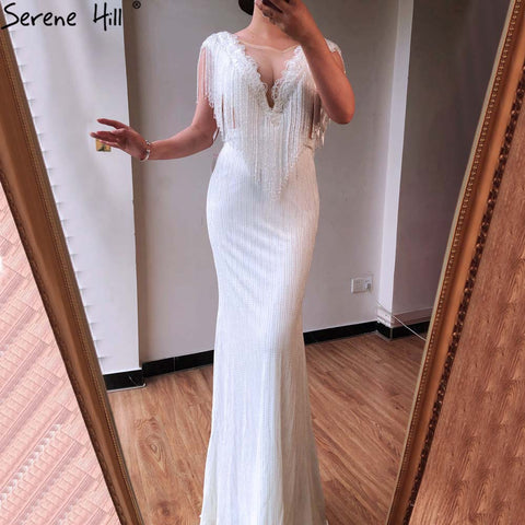 Vestido de noche elegante de lujo blanco con borlas y cuentas, estilo sirena con mangas cortas, para mujer, para fiesta de boda, LA70571 