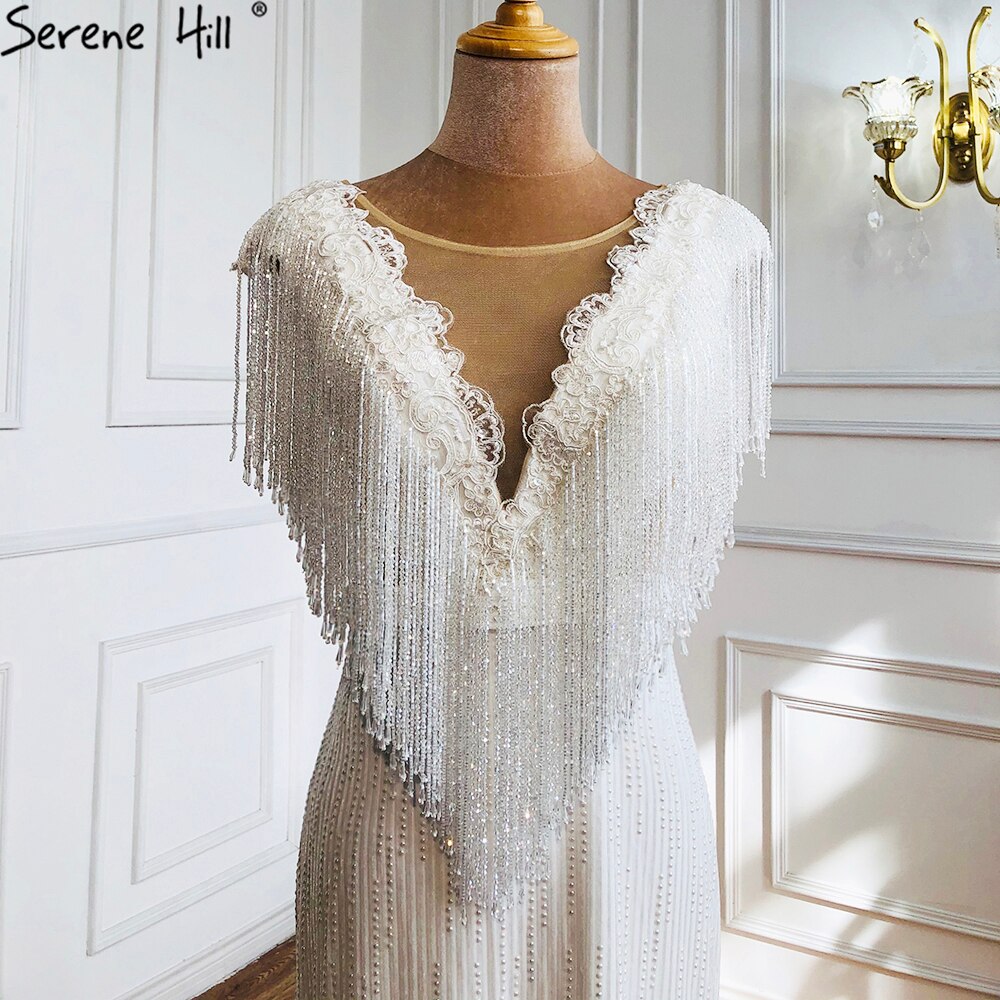White Luxury Beaded Tassel Elegant Evening Dresses 2025 Cap Sleeve Mermaid For Women Wedding Party LA70571