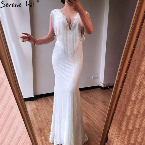 Vestido de noche elegante de lujo blanco con borlas y cuentas, estilo sirena con mangas cortas, para mujer, para fiesta de boda, LA70571 